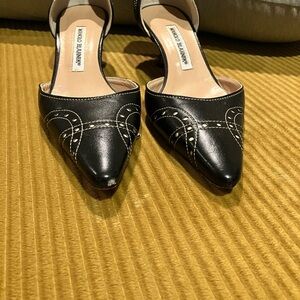 Manolo Blahnik Black Pointed Toe Slingback Mules with White Stitching